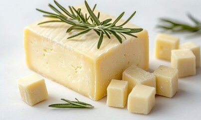 Block of white cheddar cheese garnished with fresh herbs and surrounded by diced cheese on a simple, clean background