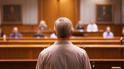 man stands in courtroom delivering speech, facing jury. atmosphere is tense as audience listens intently, highlighting seriousness of situation