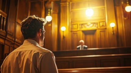 Obraz premium man stands in courtroom, delivering speech while facing judge. wooden paneling and warm lighting create serious atmosphere, emphasizing importance of moment