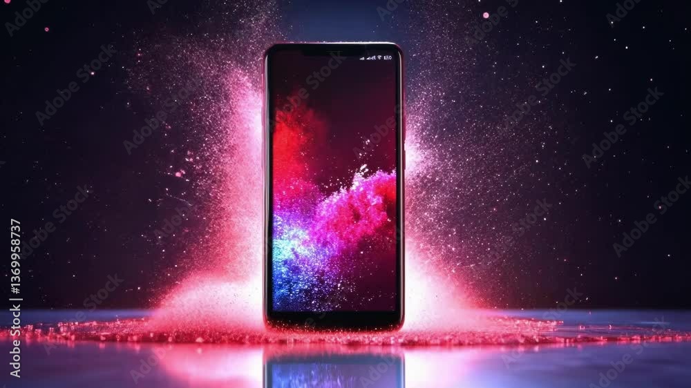 Poster modern smartphone exploding with pink and purple particles creating a vibrant and dynamic visual eff