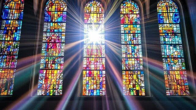 Light shines through colorful stained glass windows in a historic church during the afternoon
