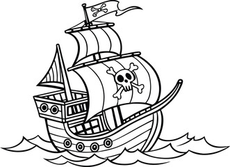 Pirate ship vector illustration with nautical elements and vintage design coloring page