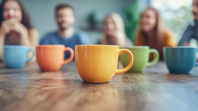 Brightly colored coffee cups are arranged on wooden table, with group of people blurred in background, creating warm and inviting atmosphere for team meeting