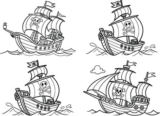 Pirate ship vector illustration with nautical elements and vintage design coloring page