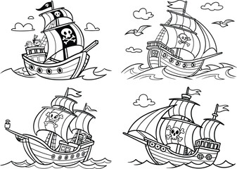 Pirate ship vector illustration with nautical elements and vintage design coloring page
