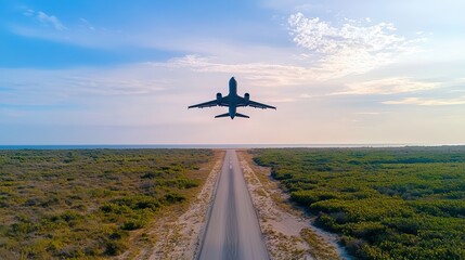 An airplane takes off over a coastal road, surrounded by lush greenery and a serene sky, embodying the freedom of travel and adventure.