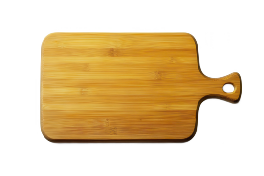 A wooden cutting board with a handle and a hole Isolated on transparent background, PNG