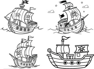 Pirate ship vector illustration with nautical elements and vintage design coloring page