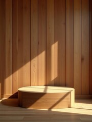 Minimalist wooden interior with natural sunlight and warm shadows, creating a cozy and serene ambiance