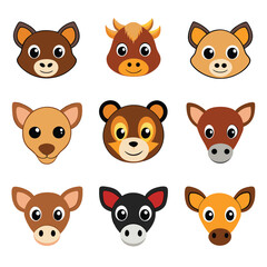 Fototapeta premium Funny animal cartoon collection of cute pet character faces, including cats, dogs, bears, and other baby zoo mammals, in a vector illustration set