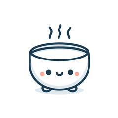 Cute Bowl Character Happy Steaming and Smiling Representing Hot Food Against a White Background [with copy space]