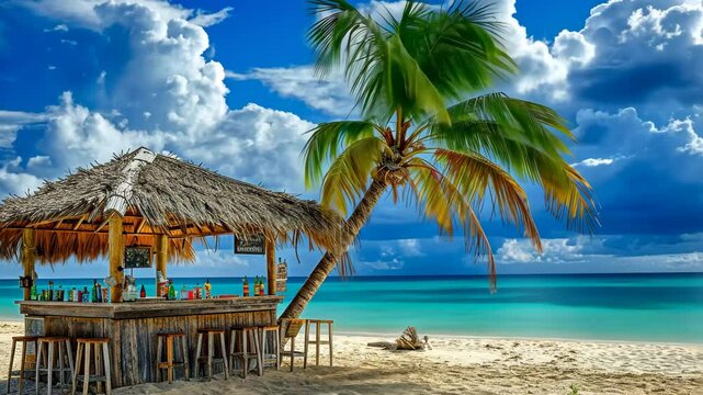 A charming beach bar with a thatched roof is situated near the shore, surrounded by a stunning tropical landscape and calm turquoise waters.