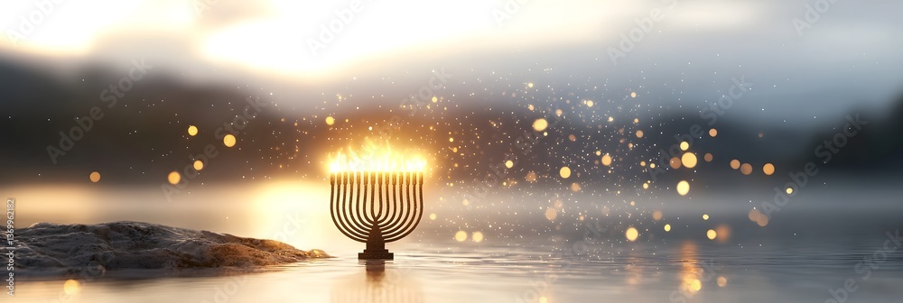 Aufkleber A mesmerizing image of a glowing menorah surrounded by floating light particles reflected in the calm serene waters of a natural setting