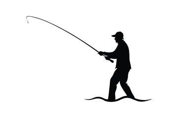 Silhouette illustration vector design of a fisherman standing on the shore and casting a fishing rod into the water.eps