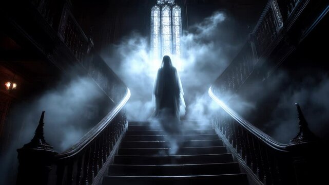 In an ancient mansion shrouded in misty fog, a ghostly figure hovers along the grand staircase, casting an eerie aura in the dimly lit space