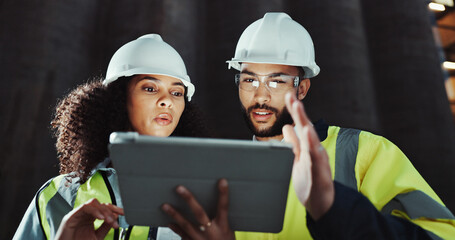 Woman, man and construction worker on tablet with planning, review and discussion for urban expansion in city People, architect and app at night, property and infrastructure inspection in Colombia