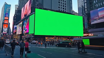 Large blank billboard in Times Square surrounded by busy streets and pedestrians in the city