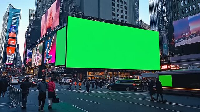 Large blank billboard in Times Square surrounded by busy streets and pedestrians in the city