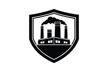 Silhouette style logo of a factory with smokestacks inside a shield emblem.eps