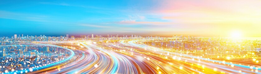 Obraz premium Dynamic Cityscape at Sunrise Wealth Optimization Dashboard Visualization Urban Environment Aerial View Innovation