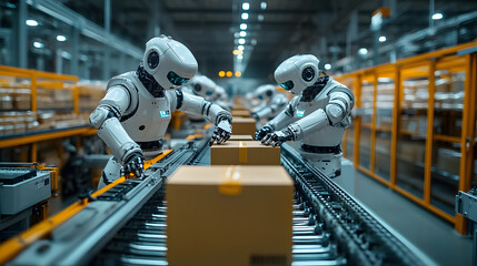 Automated Warehouse with Robotic Arms Handling Packages on a Conveyor System