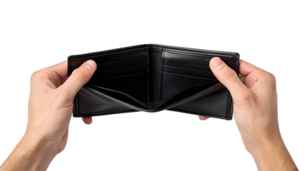 An empty black leather wallet held open in two hands showing its empty compartments, illustrating financial hardship or lack of money isolated on white or transparent background Generative AI