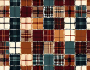 빨간색, 갈색, 주황색 위주의 체크 패턴 질감