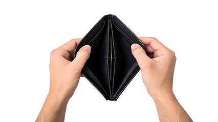 An empty black leather wallet is held open by two hands showing a lack of money or financial hardship isolated on white or transparent background Generative AI
