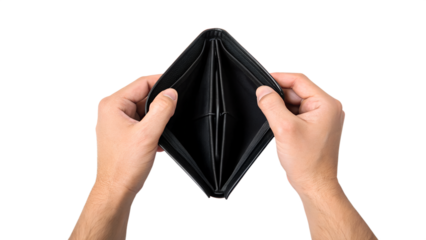 An empty black leather wallet is held open by two hands showing a lack of money or financial hardship isolated on white or transparent background Generative AI