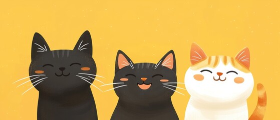 Three happy cartoon cats on warm yellow background with negative space