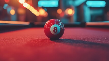 Eight ball on a pool table in a dimly lit bar