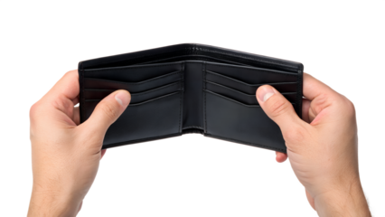 An Empty Black Leather Wallet Held Open in Two Hands Showing No Money or Cards Inside isolated on white or transparent background Generative AI