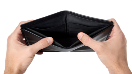An Empty Black Leather Wallet Held Open in Two Hands Showing No Money or Cards Inside isolated on white or transparent background Generative AI