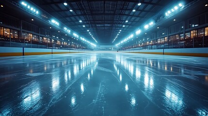 Ice hockey rink glowing stadium lights polished ice perfect game setup Photo
