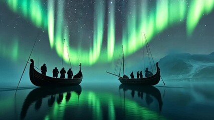 Viking ships under aurora borealis, arctic night, fantasy scene, possible use in nature, travel, adventure - Powered by Adobe
