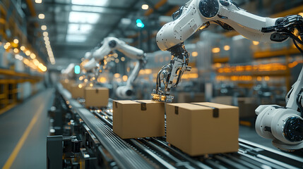 Automated Warehouse with Robotic Arms Handling Packages on a Conveyor System