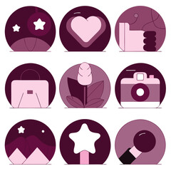A pink vector set features diverse heart icons, a collection of love and health symbols for web design