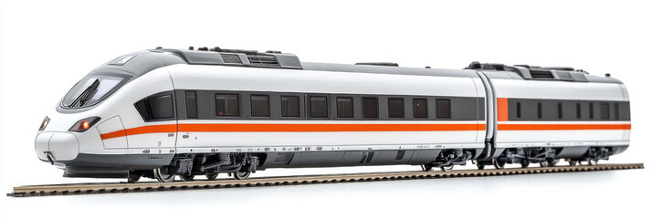 Side view of modern high-speed passenger train with aerodynamic design and red stripe on white body, isolated on white background, symbolizing eco-friendly, efficient railway transportation concept