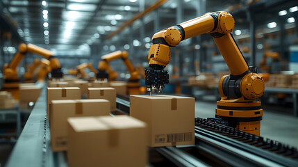 Automated Warehouse with Robotic Arms Handling Packages on a Conveyor System