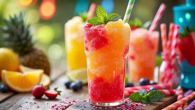 Exquisite slush with seasonal fruits and fresh mint for summer celebrations