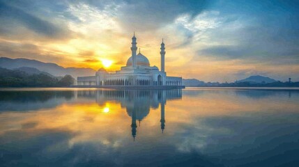 Naklejka premium Serene Dawn Reflection: A Mosque's Tranquil Image on the Water Surface