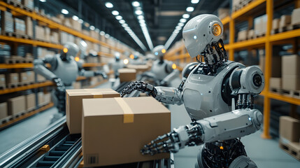 Automated Warehouse with Robotic Arms Handling Packages on a Conveyor System