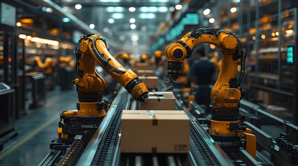 Automated Warehouse with Robotic Arms Handling Packages on a Conveyor System