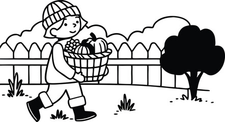 Earth Day Child Carrying Harvest Isolated Coloring Outline
