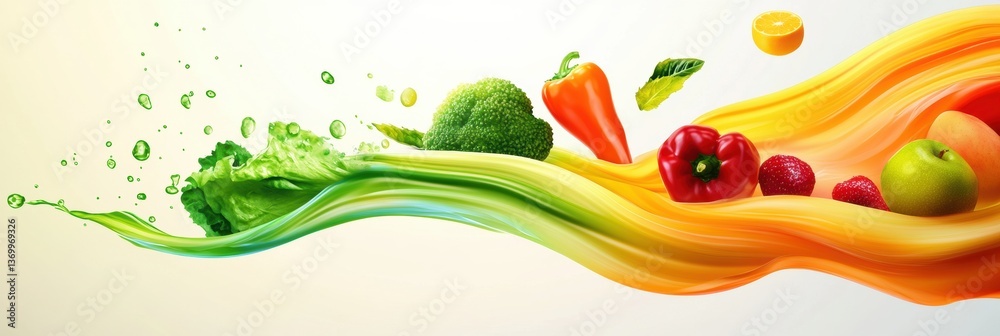 Poster Dynamic flow of fresh groceries in vibrant colors with smooth liquid gradients creating a lively abstract background Generative AI