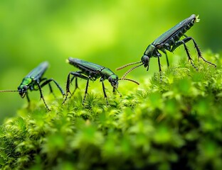 Close-up of moss and small insects on a green background, macro photography, macro lens, shallow depth of field, focus stacking, stock photo style. 