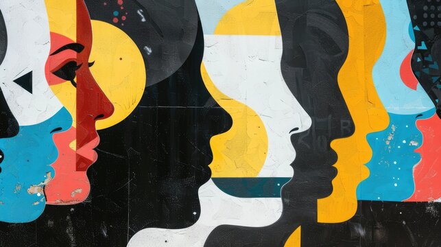Geometric abstract human profiles overlapping in vibrant urban street art style: diversity, identity concept on textured background