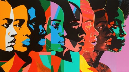 Geometric pop art human faces expressing vibrant emotions in abstract colorful composition. Diversity, psychology concept background