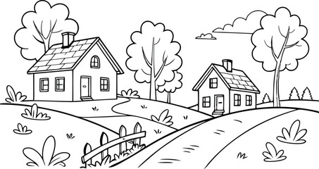 Vector illustration of a house in the forest with rural landscape and village design coloring page