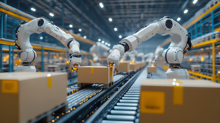 Automated Warehouse with Robotic Arms Handling Packages on a Conveyor System